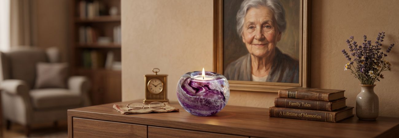 glasreliek met deeltjes crematie-as